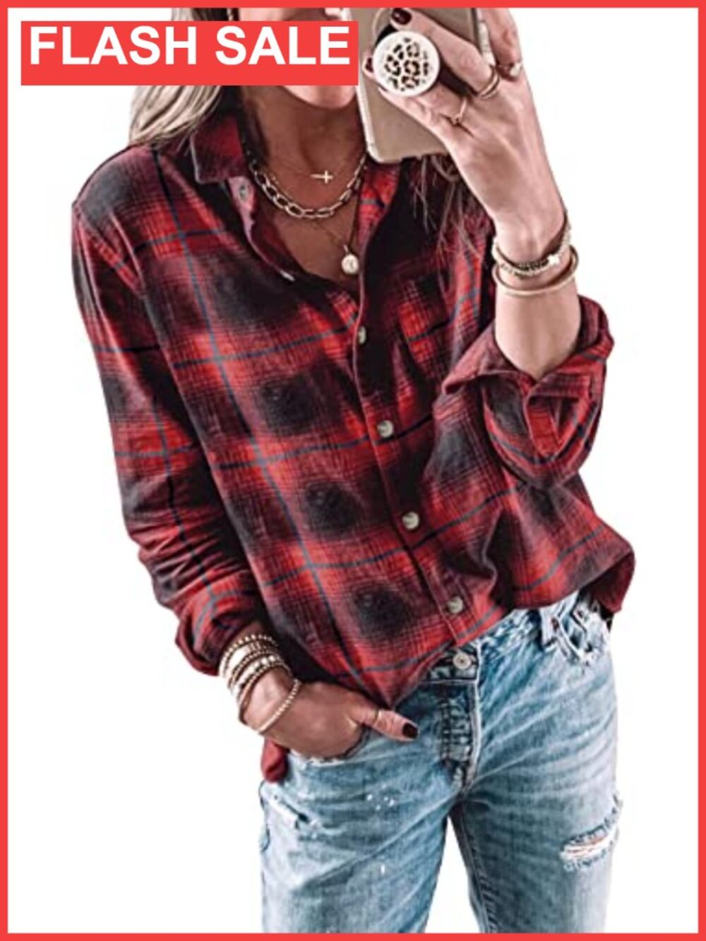 Wenrine Womens Long Sleeve Button Down Plaid Flannel Shirt Casual